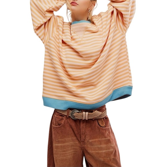 We The Free Classic Striped Crew Sweatshirt Sweater Brown Blue Size L #1662 NWT - Picture 1 of 9